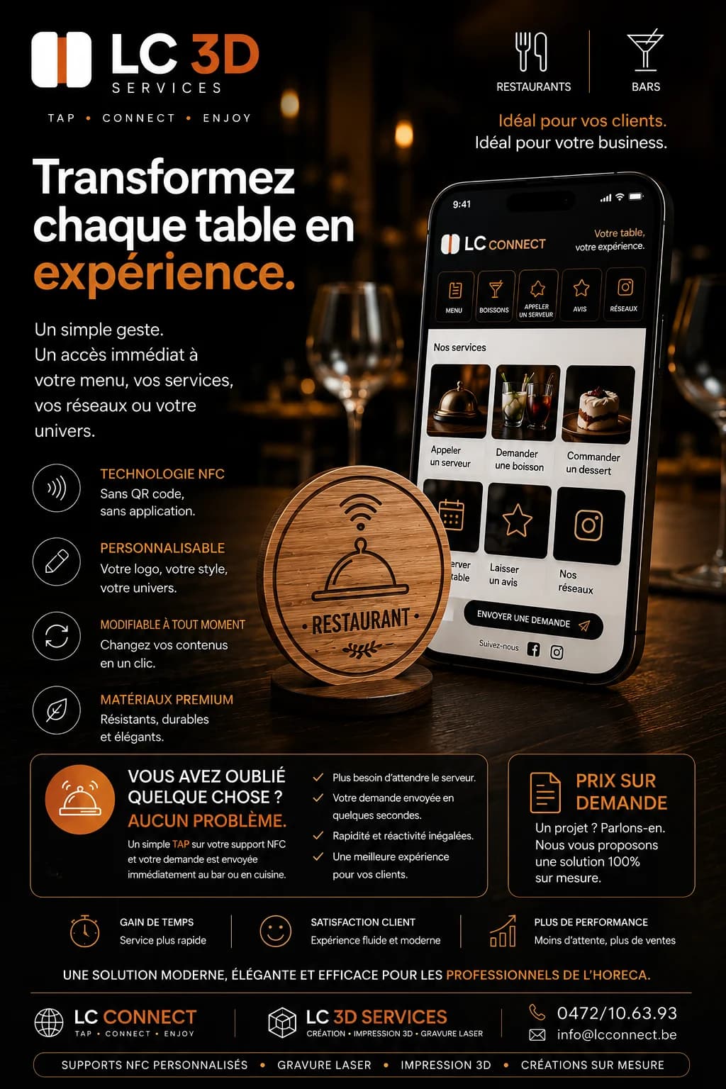 LC Connect flyer — NFC table stands for restaurants and bars