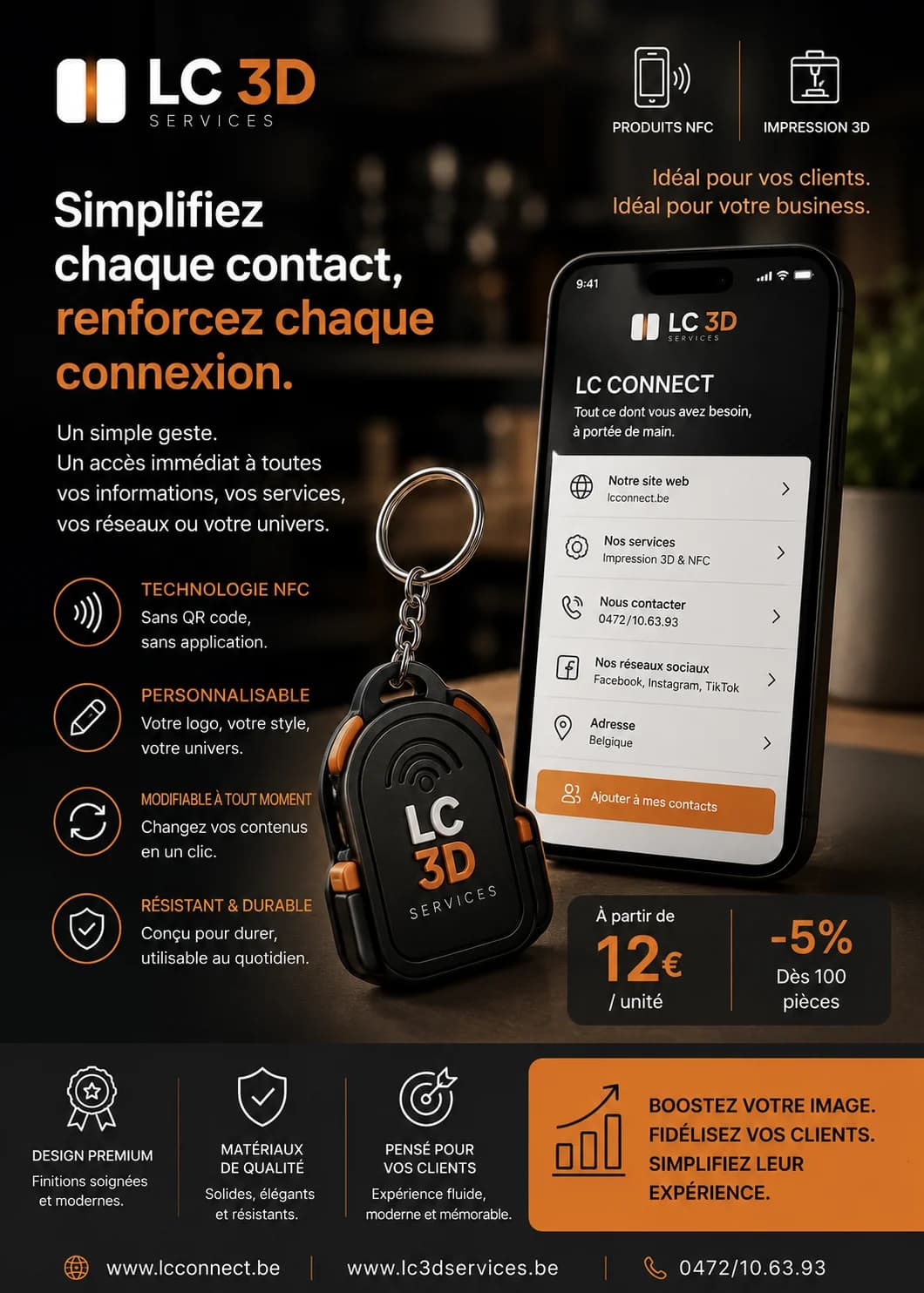 LC Connect flyer — personalised NFC keychain, from €12 a piece