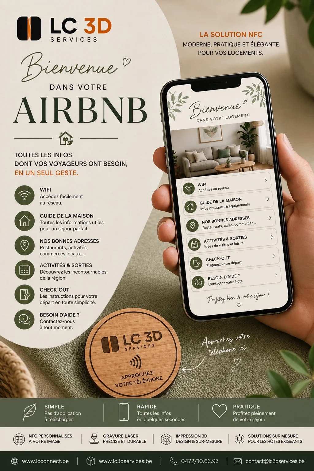 Guide de bienvenue NFC pour location Airbnb — wifi, adresses et consignes de départ en un tap