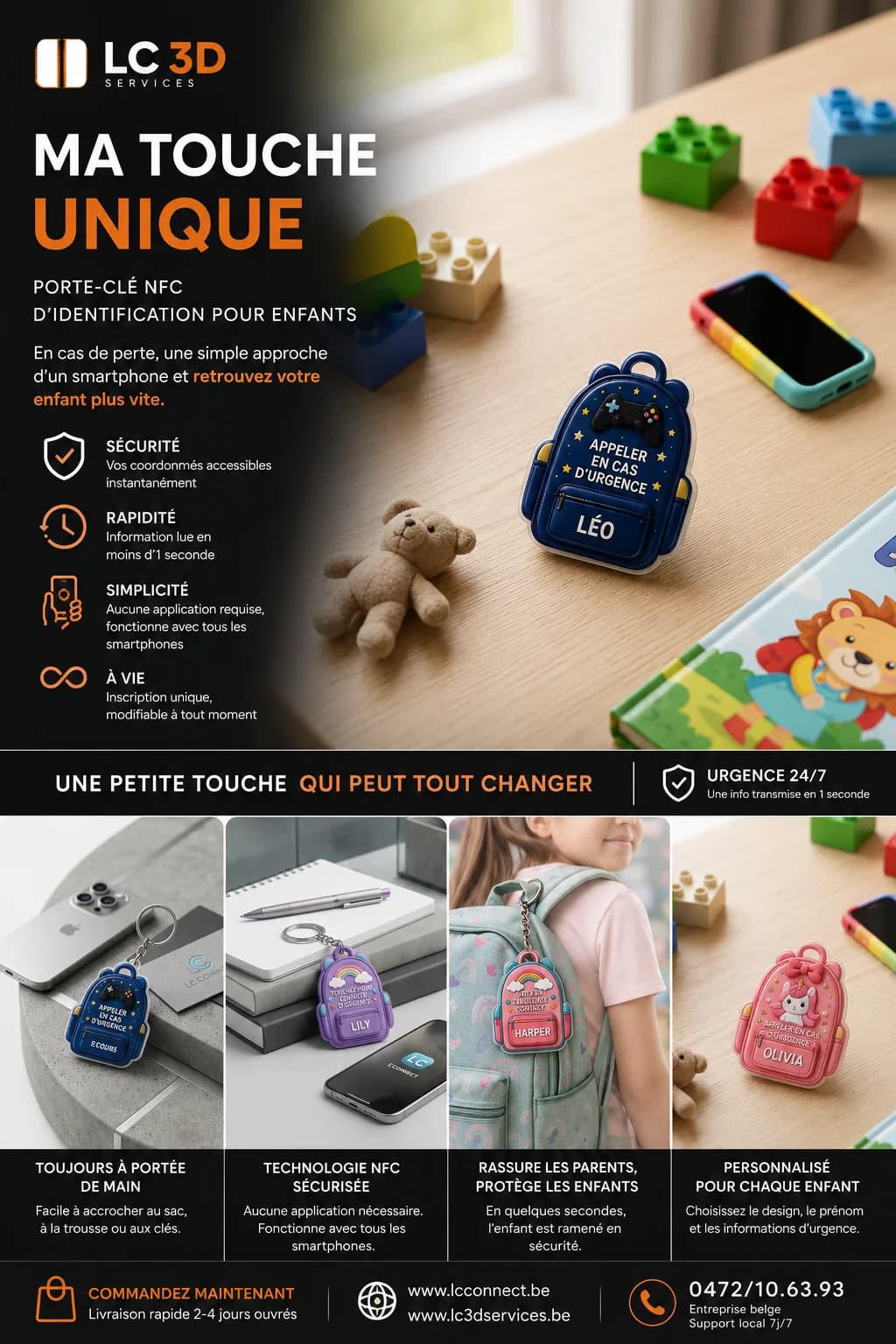 Plaque NFC de sécurité enfant fixée sur un sac à dos — « Léo, appeler en cas d'urgence »