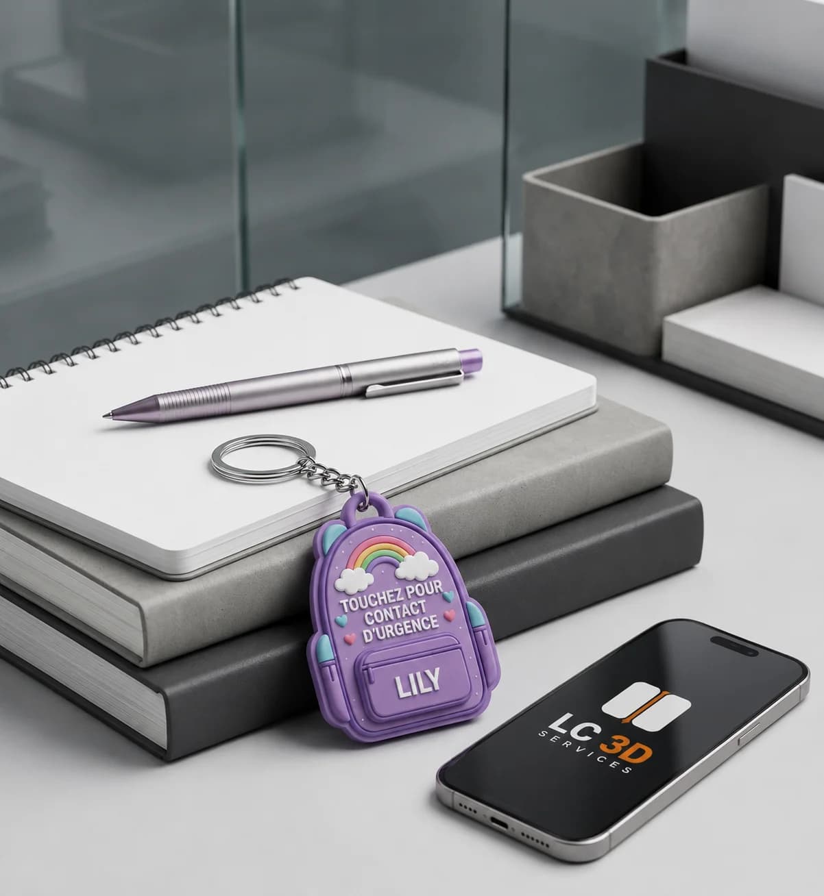 Porte-clés sac à dos « Lily » imprimé 3D avec message de sécurité — pièce sur-mesure