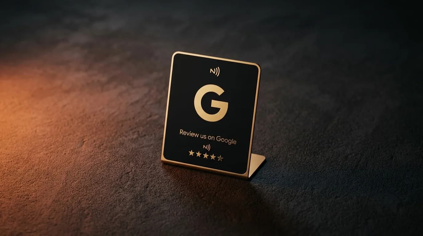 Plaque chevalet NFC « Review us on Google » — finition dorée sur noir