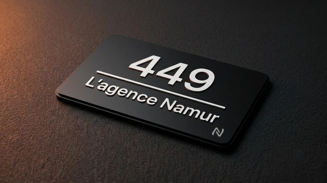 Plaque numéro 449 gravée pour L'agence Namur — finition noire mate