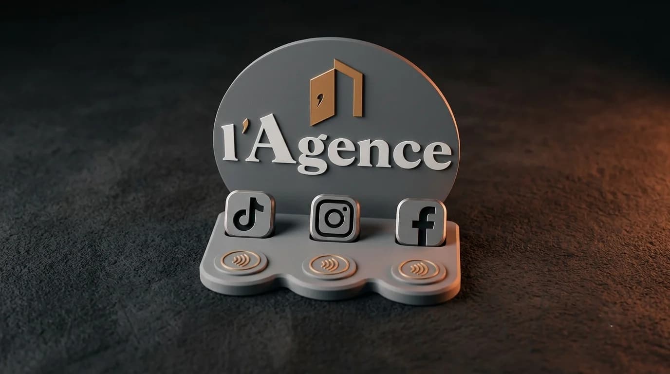 Présentoir réseaux sociaux imprimé 3D pour agence — TikTok, Instagram, Facebook en un tap